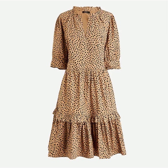 J.Crew XL Tan & Black Polka Dot Ruffle Tiered Shift Dress - Picture 2 of 6